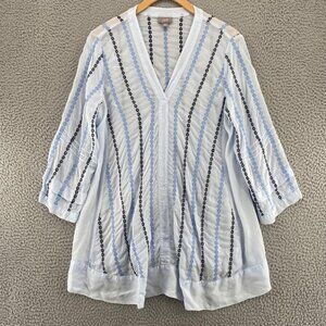 J Jill Top Womens Medium Blue Embroidered V Neck Tunic 3/4 Sleeves Lightweight